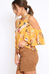 Mustard Floral Print Cold Shoulder Frill Top - Carrie-Tops