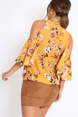 Mustard Floral Print Cold Shoulder Frill Top - Carrie-Tops