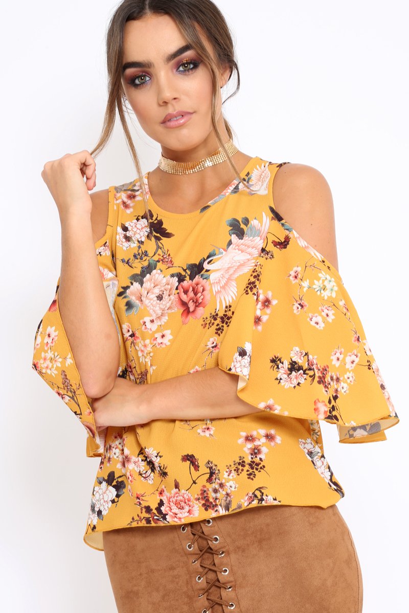 Mustard Floral Print Cold Shoulder Frill Top - Carrie-Tops