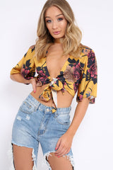 Mustard Floral Print Satin Tie Crop Top - Kynslee-Crop Tops
