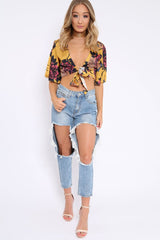 Mustard Floral Print Satin Tie Crop Top - Kynslee-Crop Tops