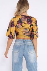 Mustard Floral Print Satin Tie Crop Top - Kynslee-Crop Tops