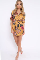 Mustard Floral Satin Shirt Tie Dress - Sophina-Dresses