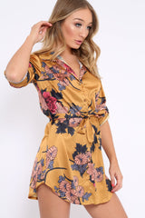Mustard Floral Satin Shirt Tie Dress - Sophina-Dresses