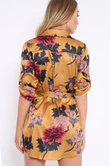 Mustard Floral Satin Shirt Tie Dress - Sophina-Dresses