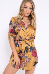 Mustard Floral Satin Shirt Tie Dress - Sophina-Dresses