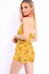 Mustard Floral Tie Front Cami Playsuit - Franky-Playsuits