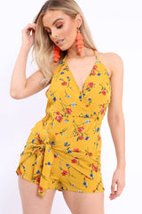 Mustard Floral Tie Front Cami Playsuit - Franky-Playsuits