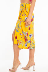 Mustard Floral Wrap Tie Side Midi Skirt - Mailah-Skirts