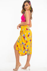 Mustard Floral Wrap Tie Side Midi Skirt - Mailah-Skirts