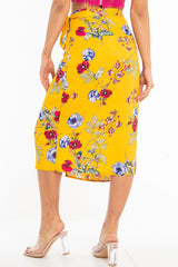 Mustard Floral Wrap Tie Side Midi Skirt - Mailah-Skirts