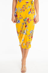 Mustard Floral Wrap Tie Side Midi Skirt - Mailah-Skirts