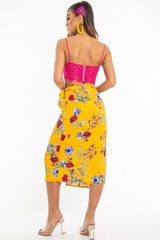 Mustard Floral Wrap Tie Side Midi Skirt - Mailah-Skirts