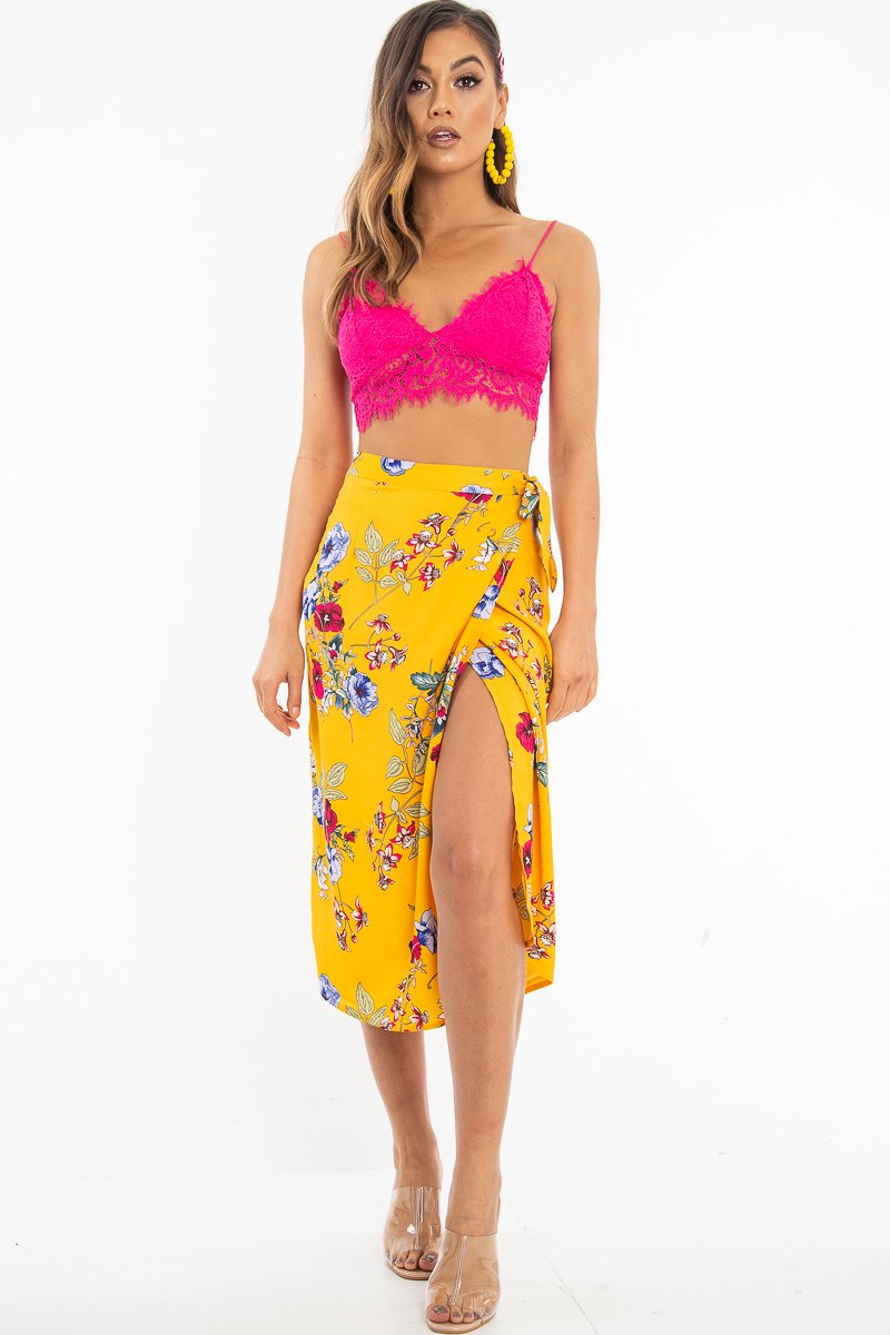 Mustard Floral Wrap Tie Side Midi Skirt - Mailah-Skirts