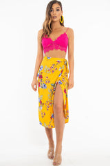 Mustard Floral Wrap Tie Side Midi Skirt - Mailah-Skirts