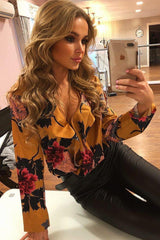 Mustard Flower Print Plunge Satin Bodysuit - Madelynn-Bodysuits