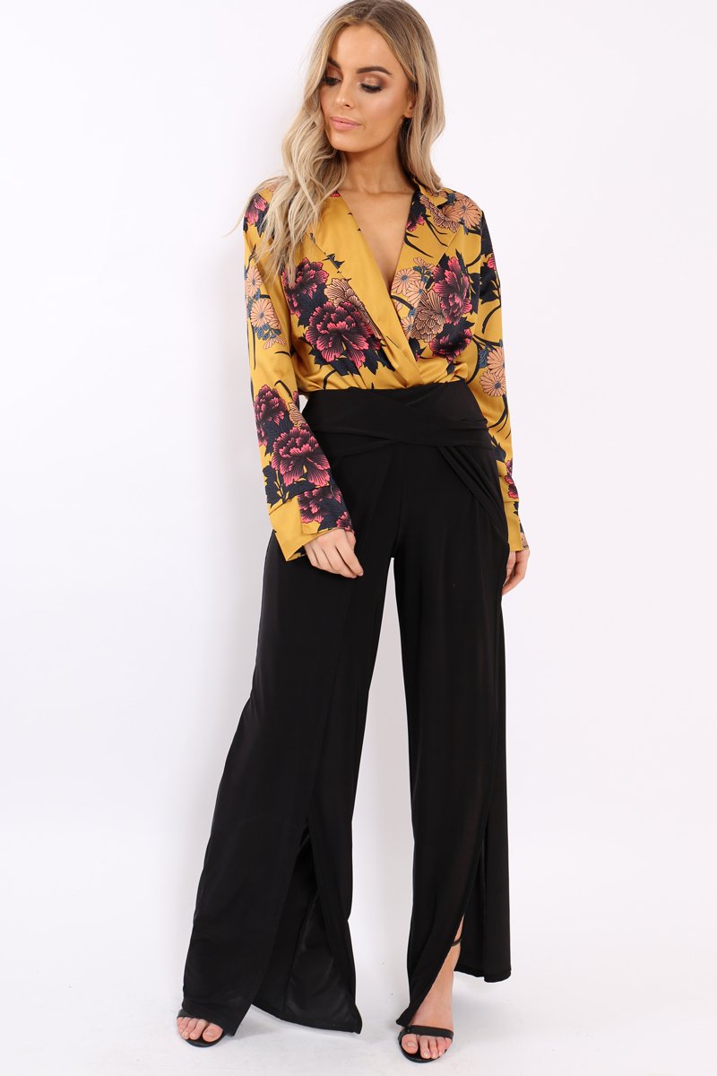 Mustard Flower Print Plunge Satin Bodysuit - Madelynn-Bodysuits