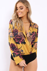 Mustard Flower Print Plunge Satin Bodysuit - Madelynn-Bodysuits