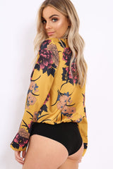 Mustard Flower Print Plunge Satin Bodysuit - Madelynn-Bodysuits