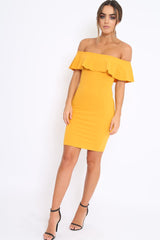 Mustard Frill Bardot Midi Dress - Bridget-Dresses