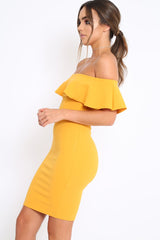 Mustard Frill Bardot Midi Dress - Bridget-Dresses