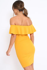 Mustard Frill Bardot Midi Dress - Bridget-Dresses