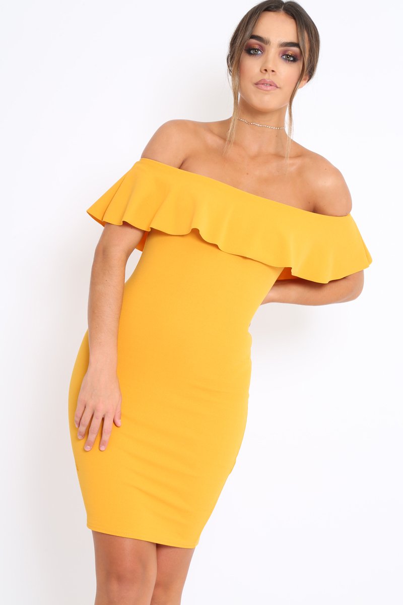 Mustard Frill Bardot Midi Dress - Bridget-Dresses