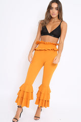 Mustard Frill Hem Triple Tiered Frill Hem Trousers - Karla-Trousers