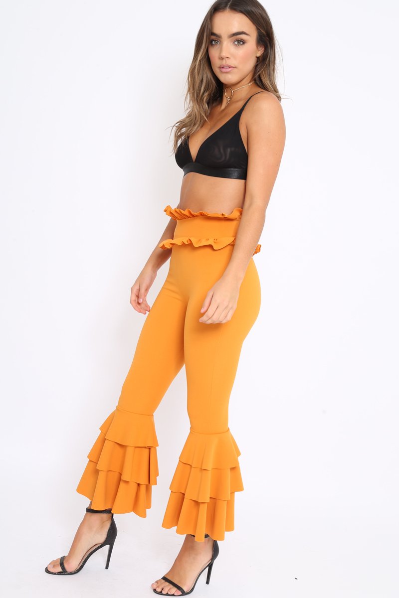 Mustard Frill Hem Triple Tiered Frill Hem Trousers - Karla-Trousers