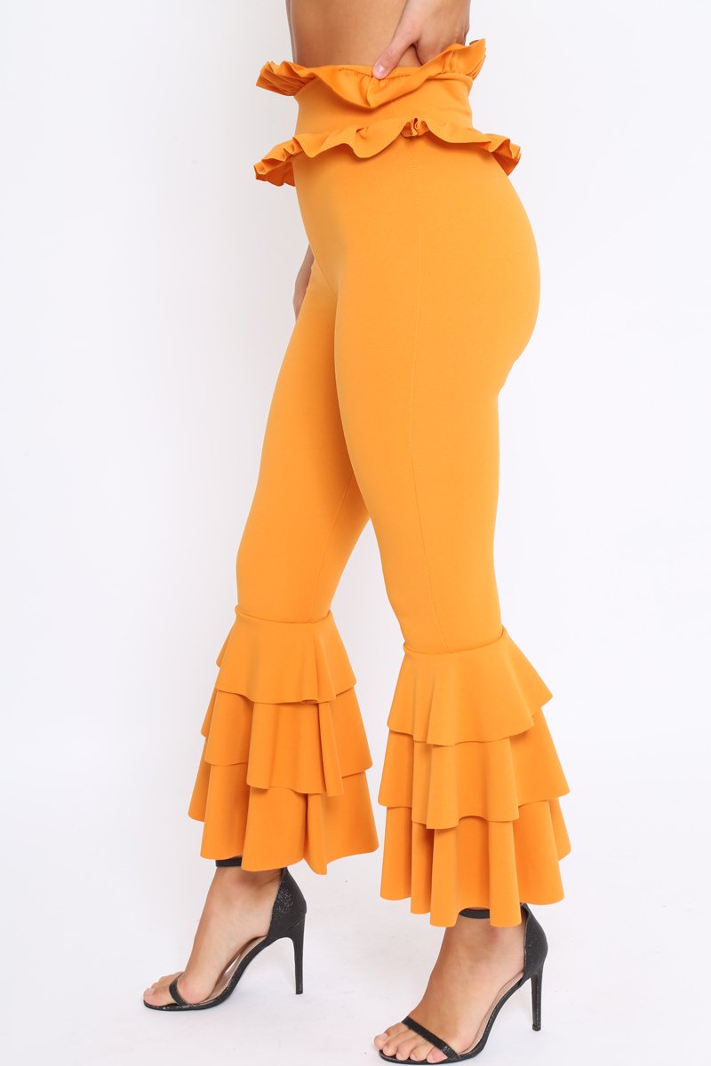 Mustard Frill Hem Triple Tiered Frill Hem Trousers - Karla-Trousers