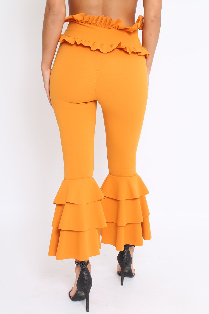 Mustard Frill Hem Triple Tiered Frill Hem Trousers - Karla-Trousers