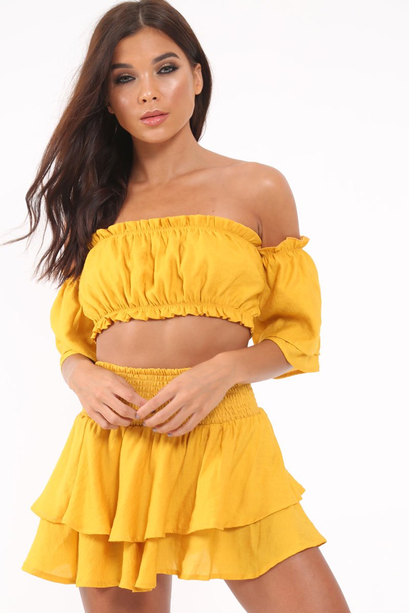 Mustard Frill Tie Back Bardot Crop Top And Mini Skirt - Sarabella-Co-ords