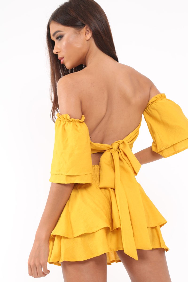 Mustard Frill Tie Back Bardot Crop Top And Mini Skirt - Sarabella-Co-ords