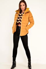 Mustard Fur Lined Ring Pull Puffer Coat - Riko-Coats