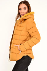 Mustard Fur Lined Ring Pull Puffer Coat - Riko-Coats