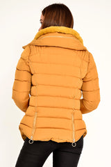 Mustard Fur Lined Ring Pull Puffer Coat - Riko-Coats