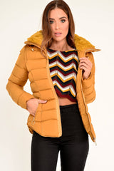 Mustard Fur Lined Ring Pull Puffer Coat - Riko-Coats