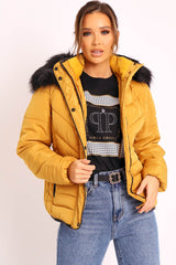 Mustard Fur Trim Quilted Puffer Coat - Lania-Coats
