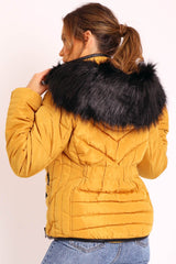 Mustard Fur Trim Quilted Puffer Coat - Lania-Coats