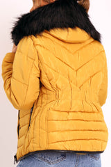 Mustard Fur Trim Quilted Puffer Coat - Lania-Coats