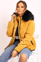 Mustard Fur Trim Quilted Puffer Coat - Lania-Coats