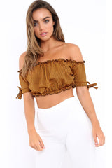 Mustard Gingham Ruched Bardot Gypsy Crop Top - Janette-Crop Tops
