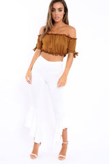 Mustard Gingham Ruched Bardot Gypsy Crop Top - Janette-Crop Tops