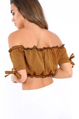Mustard Gingham Ruched Bardot Gypsy Crop Top - Janette-Crop Tops