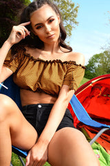 Mustard Gingham Ruched Bardot Gypsy Crop Top - Janette-Crop Tops