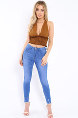 Mustard Gingham Shirred Halter Neck Crop Top - Josie-Crop Tops