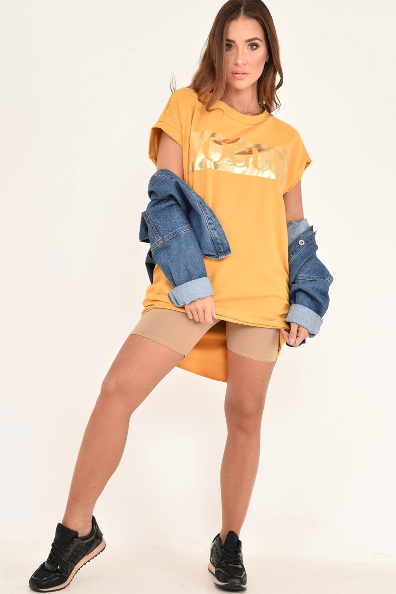 Mustard Gold Vogue Slogan Oversized T-shirt - Breah-Tops