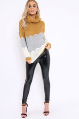 Mustard Grey and Cream ZigZag Patterned Roll Neck Jumper - Nataley-Jumper