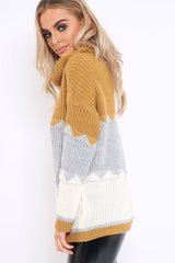 Mustard Grey and Cream ZigZag Patterned Roll Neck Jumper - Nataley-Jumper