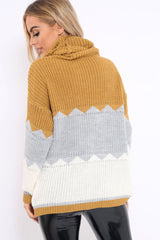 Mustard Grey and Cream ZigZag Patterned Roll Neck Jumper - Nataley-Jumper